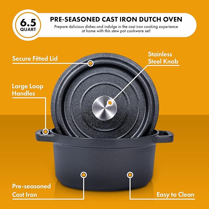 Bruntmor 5.2 Quart Pre-Seasoned Cast Iron Dutch Oven with Lid and Handles - Versatile Black Cast Iron Skillet - Shallow Cookware for Casseroles and Braising Dishes - Works with Induction Stovetops