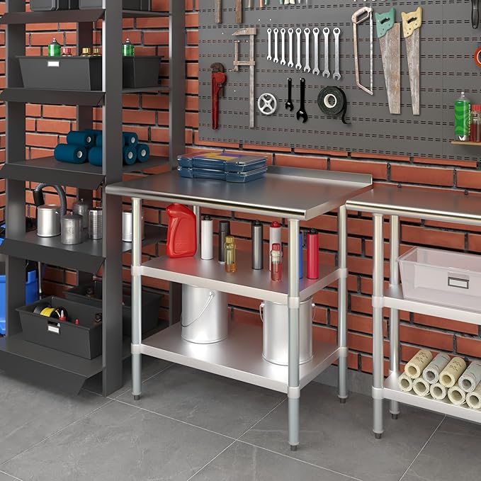 AmGood Stainless Steel Work Table with 1.5" Backsplash and 2 Shelves | Metal Kitchen Food Prep Table | NSF (36" Long x 24" Deep)