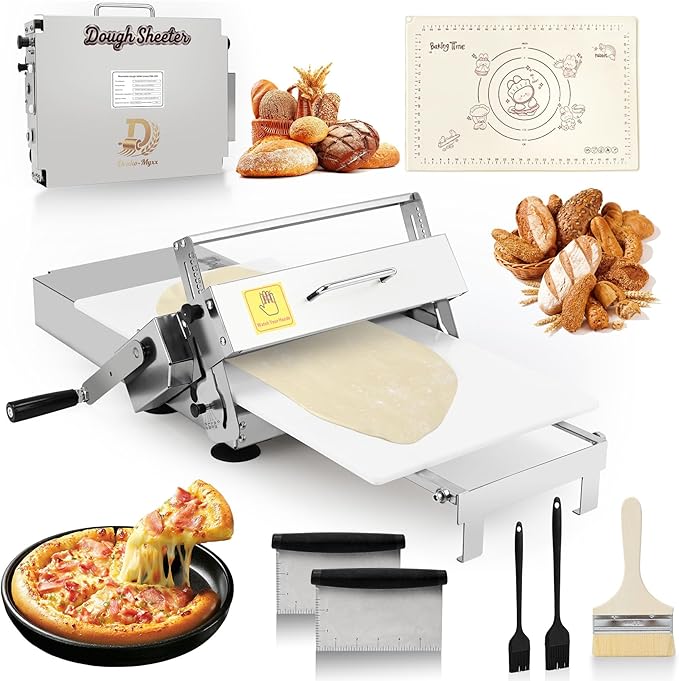 12" Folding Dough Sheeter, Includes 23.6" x 11.8" Sheeter Board, Dough Mat(23.6" x 15.8"), 2 Scrapers, 2 Pastry Brushs, Wool Brush, Manual Dough Roller with 55 Thickness Settings, Stainless Steel