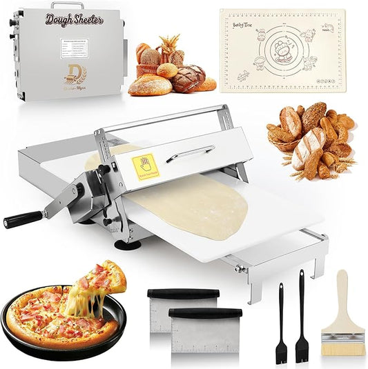 12" Folding Dough Sheeter, Includes 23.6" x 11.8" Sheeter Board, Dough Mat(23.6" x 15.8"), 2 Scrapers, 2 Pastry Brushs, Wool Brush, Manual Dough Roller with 55 Thickness Settings, Stainless Steel
