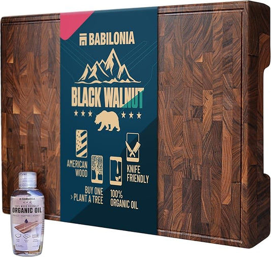 American Black Walnut Cutting Board - 19.7" L x 12.2" W (ExtraThick 1.7") Premium Quality & Professional Butcher Block. Heavy Duty End Grain Wood Chopping Board (Oil & Plate Included)