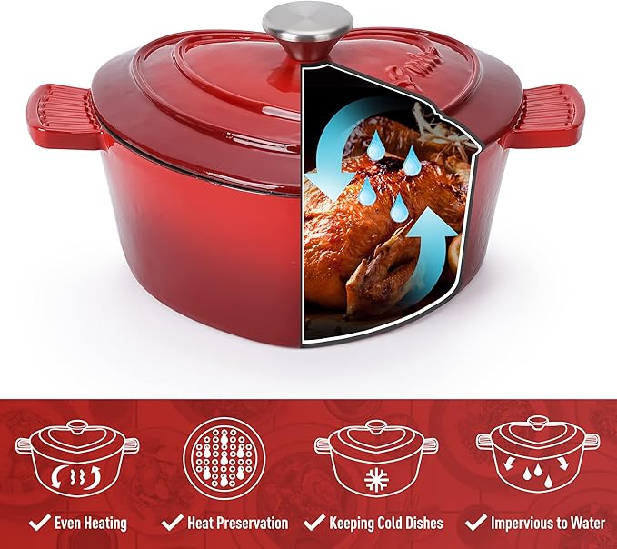 MIAMIO - Enameled Cast Iron Dutch Oven (3.2 Quart, 10 Inch) in Heart Shape Non Stick Pot/Gift for Christmas, Suitable for All Heat Types + Oven