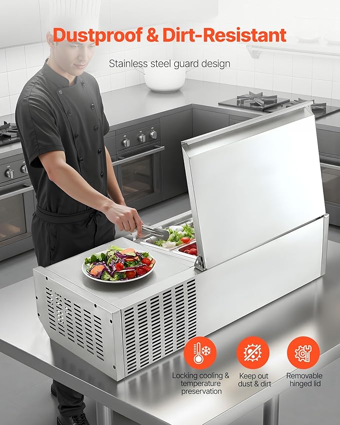 VEVOR Refrigerated Condiment Prep Station, 120 W Countertop Refrigerated Condiment Station, with One 1/3 Pan & Four 1/6 Pans, 304 Stainless Body and PC Lid, Sandwich Prep Table with Stainless Guard