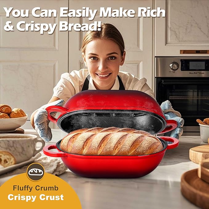 Homikit Enameled Cast Iron Dutch Oven for Bread Baking, 2.8 QT Oval Bread Oven Pot with Lid, 9.5 x 5.7 Inch Sourdough Loaf Baking Pan for Homemade Bread, Heavy Duty & Oven Safe, Red