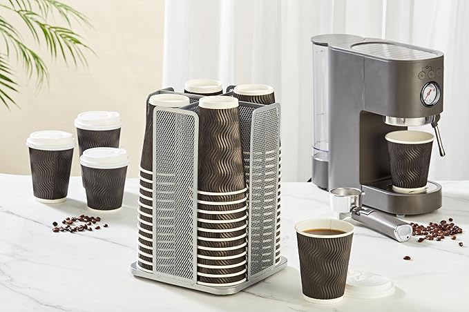 Annova Paper/Plastic Cup and Lid Holder Plastic Storage Organizer, 360°Rotating Coffee Mup Dispenser with 4 Compartments, Multifunctional Storage Rack for Home, Office, Bar, Coffee Shop (Silver)