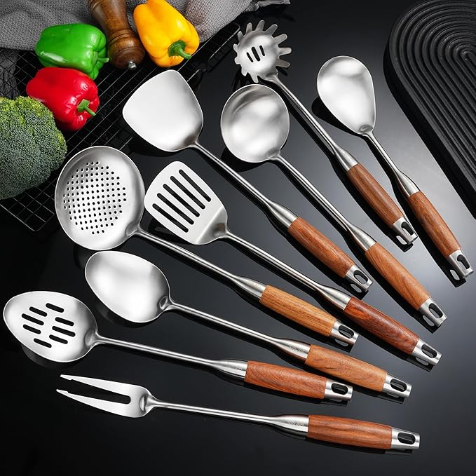 Stainless Steel Kitchen Utensils 12.5"-14" Wooden Handle Metal Cooking Utensils Set 9 PCS, Solid and Slotted Spoon, Fork, Spatula, Ladle, Skimmer, Slotted Tunner, Spaghetti Large Spoon