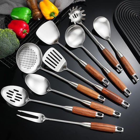 Stainless Steel Kitchen Utensils 12.5"-14" Wooden Handle Metal Cooking Utensils Set 9 PCS, Solid and Slotted Spoon, Fork, Spatula, Ladle, Skimmer, Slotted Tunner, Spaghetti Large Spoon