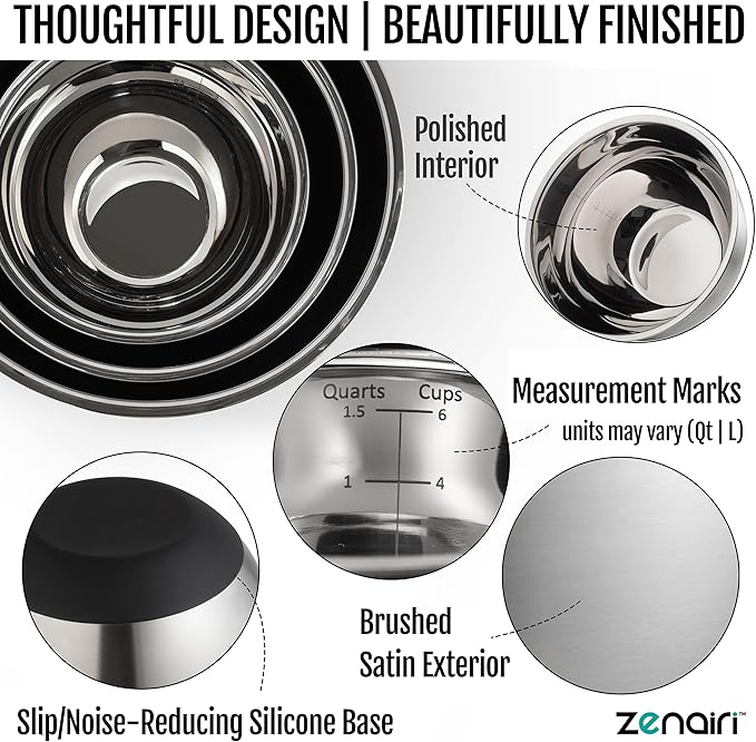Premium Quality/Heavier Gauge Metal Mixing Bowls Stainless Steel Mixing Bowls with Lids Set 3-Piece Dishwasher-Safe Clear Glass Lids, No Plastics