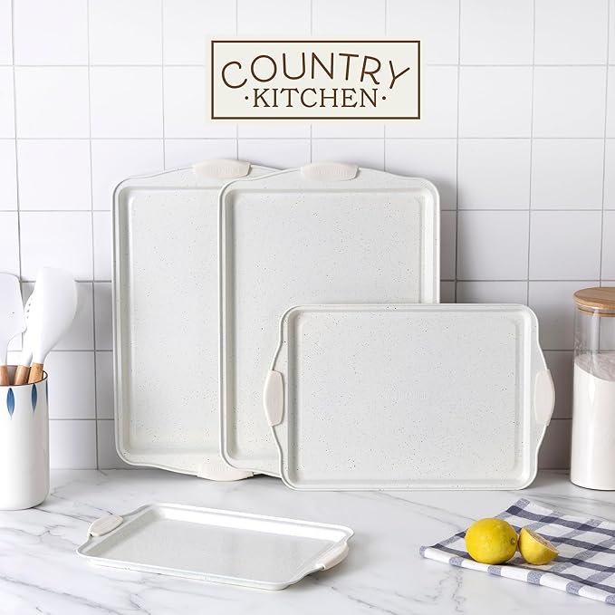 Country Kitchen Nonstick Stackable Bakeware Set - Heavy Duty, Durable, Easy Release Baking Set, Cream, 4 Pcs