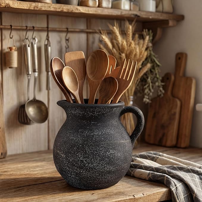 Rustic Kitchen Utensil Holder with Handle,7 Inch Ceramic Vintage Utensil Crock for Countertop, Farmhouse Kitchen Decoration Ceramic Pot for Spatulas Spoons Tongs(Classic,Antique Black Gold)