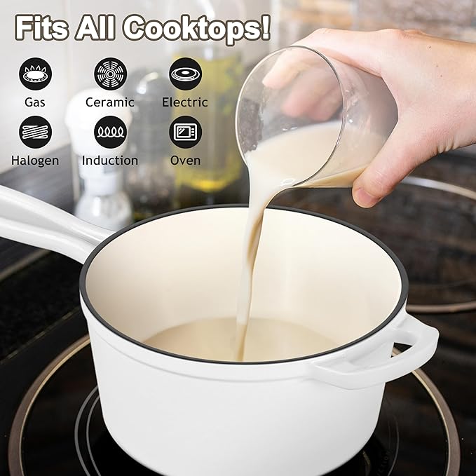 3 Quart Saucepan with Lid, Leonyo Enameled Cast Iron Sauce Pan, Heavy Duty Cast Iron Pot Dutch Oven Kitchen Cookware for All Cooktops Making Pasta, Milk, Egg- Up to 500°F & 8Lbs, White