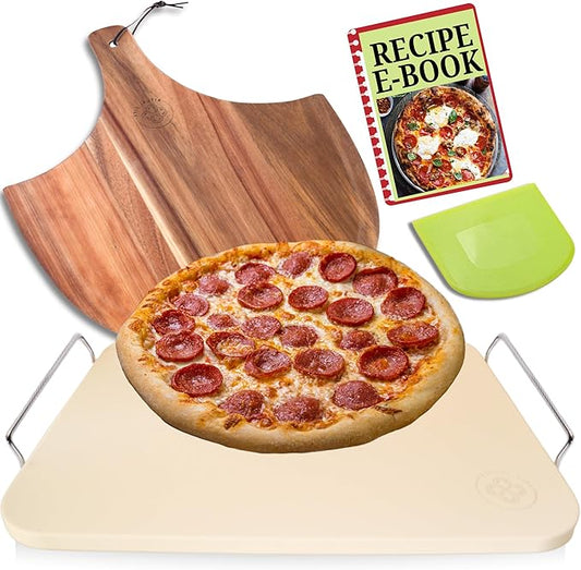 Pizza Stones for Oven and Grill - Pizza Stone with Handles, Wooden Peel and Dough Tool - 15 inch x 12 inch Rectangular Pizza Grill Stone - Baking Stone for Bread - Pizza Making Set