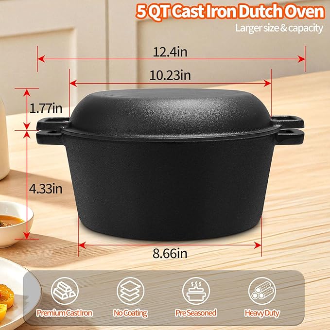 5 Qt Cast Iron Dutch Oven for Bread Baking, Sourdough Dutch Oven with Lid, Dutch Pot with Bread Baking Supplies