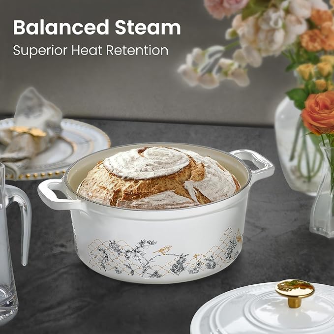 CAROTE 5QT Cast Iron Dutch Oven Pot with Lid, Enameled Floral Dutch Ovens with Gift Box, Cast Iron Pot for Sourdough Bread Baking, Braising, Stews, Roasting, Dual Handles, Healthy & Non-Toxic, All Stovetop Compatible, Oven Safe up to 500° F, White