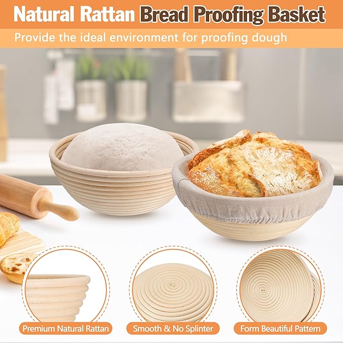 E-far Bread Proofing Basket Set of 2, 9 Inch Round Sourdough Bread Baking Supplies, Complete Sourdough Starter Kit for Beginners