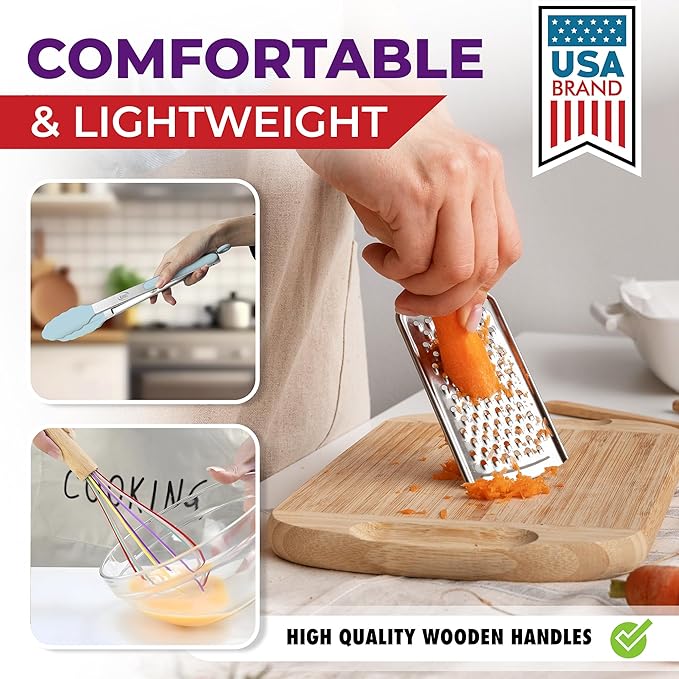 Kaluns 50 PCS Silicone Kitchen Utensils Set Complete Kitchen Set - 800°F Heat Resistant Non-Stick Premium Cooking Utensils W Wooden Handles - Can Opener, Masher, Turner, Silicone Spatula Set