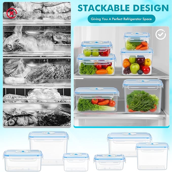 LemonRoad 33 Piece Vacuum Seal Storage Food Containers with Lids (6Containers&6 Lids&20 Sealable Bags&1 Hand Vacuum Pump), Meal Prep Containers with Lid, Airtight and Leak Proof(Blue)