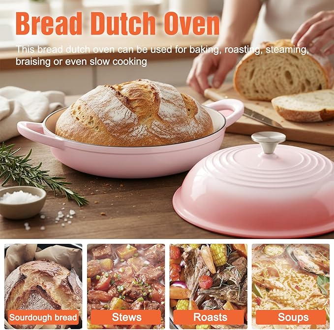 Enameled Round Cast Iron Bread Oven, 6 Qt Cast Iron Dutch Oven for Homemade Sourdough Bread Baking, Bread Dome Pot with Cloche Lid (Gradient Pink)
