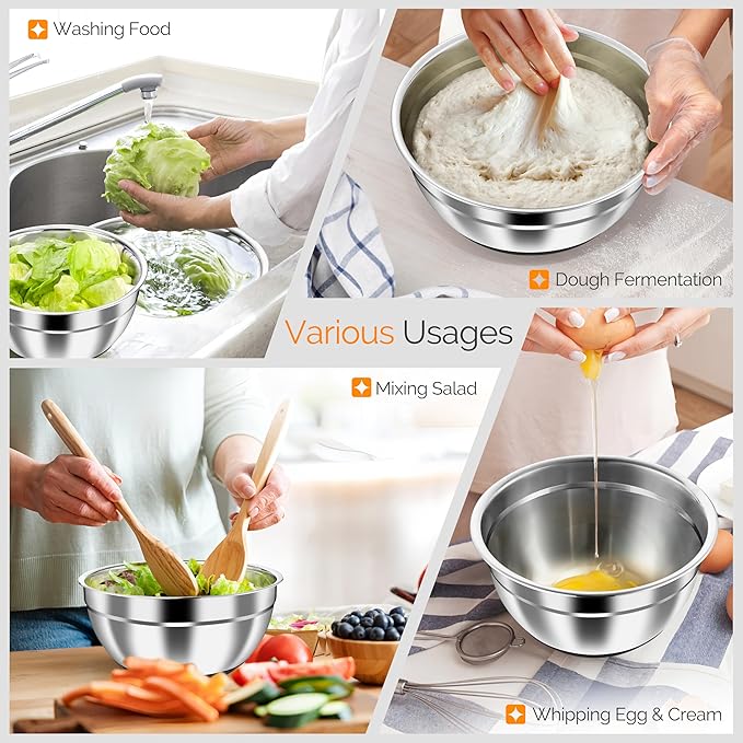 HaWare Mixing Bowls, 24-Piece Stainless Steel Salad Serving Bowl with Airtight Clear Lids, Metal Nesting Bowl For Kitchen Cooking Prepping Storing with 3 Graters, 4.6/2.6/1.5/1/0.7 QT, Black