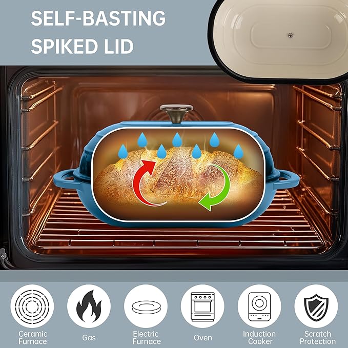 Premium Enameled Cast Iron Dutch Oven for Bread Baking | Non-Stick 5QT Oval Bread Oven with Lid | Perfect for Sourdough, Loaf, and Artisan Baking (Oval Blue, 5 QT)
