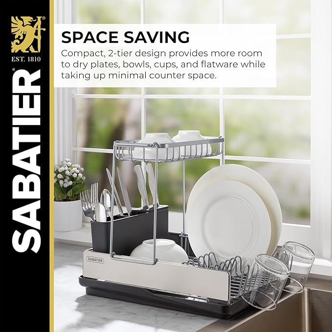 Sabatier Dish Drying Rack with Second Tier, Rust Resistant Wires and Angled Drain Board, Utensil Caddy Compact Dish Drying Rack