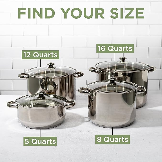 Ecolution Pure Intentions Stock Pot - Features Tempered Glass Lid, Keep Cool Handle, and Encapsulated Bottom - Oven Safe - Curbside Recyclable Stainless Steel - 16 Quarts