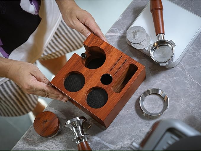 Espresso Accessories Organizer Box 58mm Espresso Tamping Station Rosewood Espresso Tools Stand for Tamper, Portafilter, Distributor, Funnel, WDT and Filter Basket