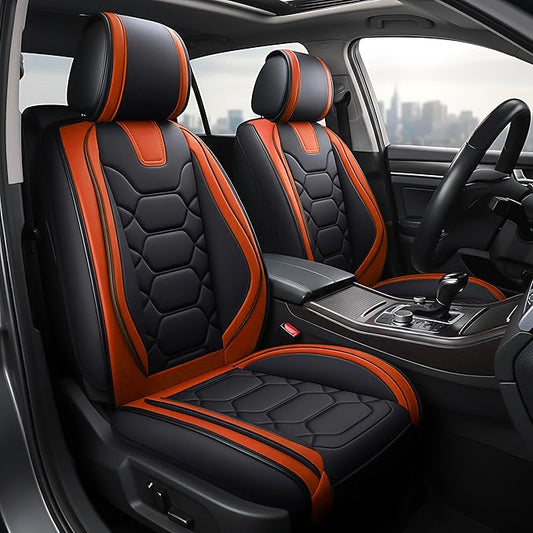 OASIS AUTO Car Seat Covers Full Set, Sporty Faux Leather with Honeycomb Pattern, Waterproof Universal Fit for SUV, Sedan, Pick-up Truck, Automotive Interior Accessories (OS-004 Black&Orange)