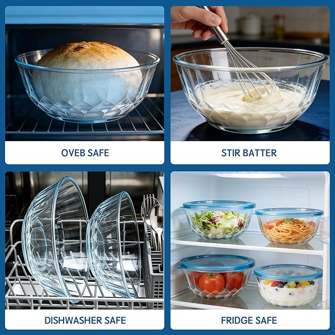 Thick Glass Mixing Bowls with Airtight Lids Set, 5-Piece Nesting Bowls for Baking & Meal Prep, BPA Free, Dishwasher Safe, 0.5/0.8/1.6/2.7/4.4 Quart - Blue