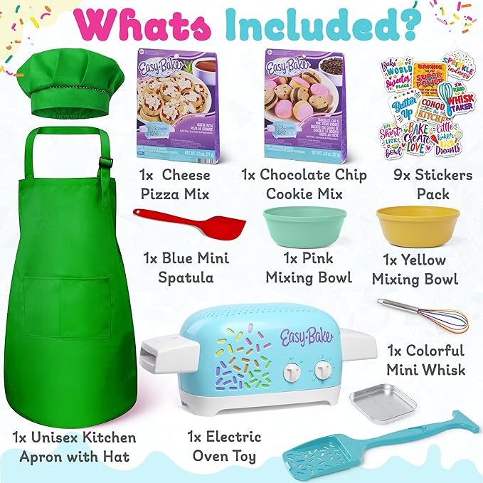 Ultimate Easy Baking Oven Bundle For Kids With 20 Items - Oven, 2 Refill Mixes, Apron, Hat, 2 Bowls, Spatula, Whisk, 9 Stickers, Baking Pan & Tool (Greatest Hero Green Bundle)