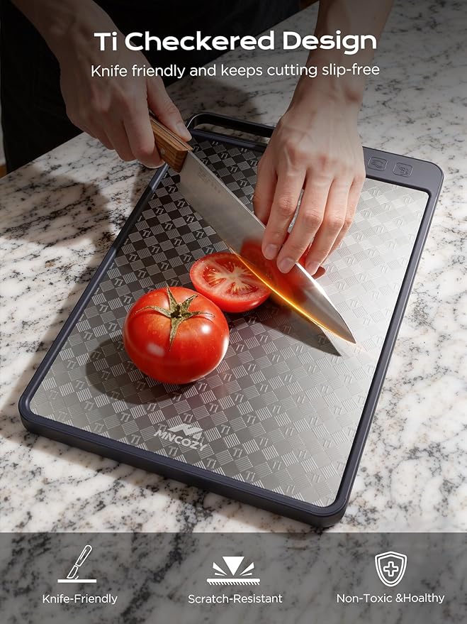 Titanium Cutting Board for Kitchen, Double-Sided Pure Titanium(Checkered Design) & Wheat Straw PP, Food Grade Chopping, Non Toxic, Easy to Clean, 16"×11"