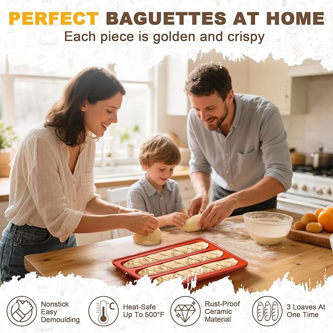 Baguette Bread Pan, Premium Nonstick French Bread Baking Pan, 3 Loaves Baguette Pan With lid, Heating Evenly for Sourdough, Italian Bread, Perfect for Creating Crisp Golden-Brown Crust Easy To Release