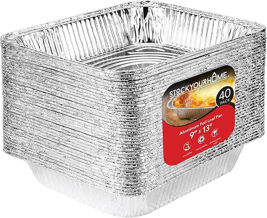 Stock Your Home 9x13 Aluminum Pans (40 Pack) - Disposable and Recyclable Foil Trays - Half Size Steam Table Deep Pans - Tin Foils for Cooking, Heating, Storing, Prepping Food