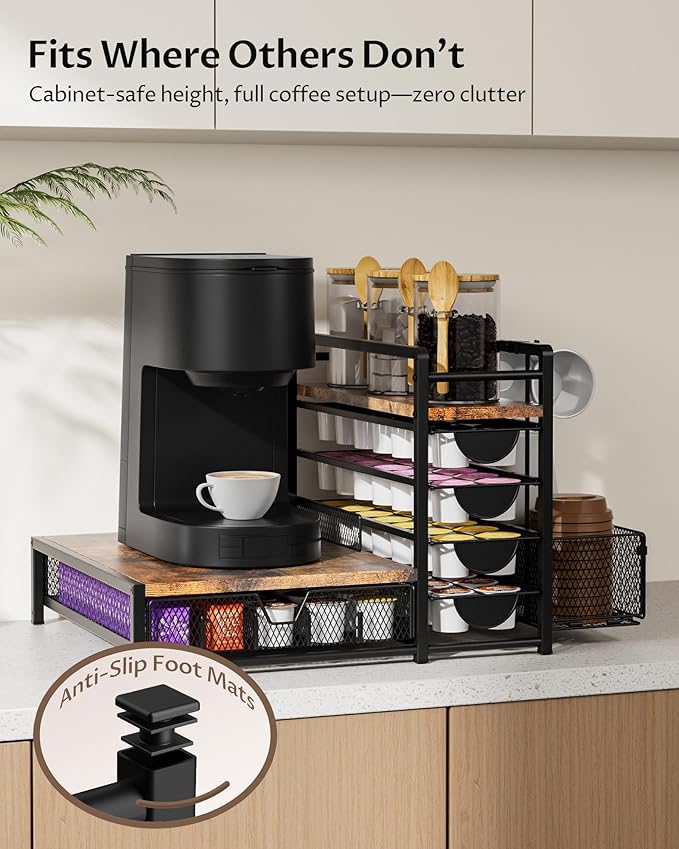 Coffee Bar Organizer - 90 K-Cup Capacity, 3 Hooks, Multi-Tier Storage for Pods, Mugs & Accessories, Tea Bags & Coffee Station Organizer, Space-Saving Kitchen Countertop K-Cup Holder