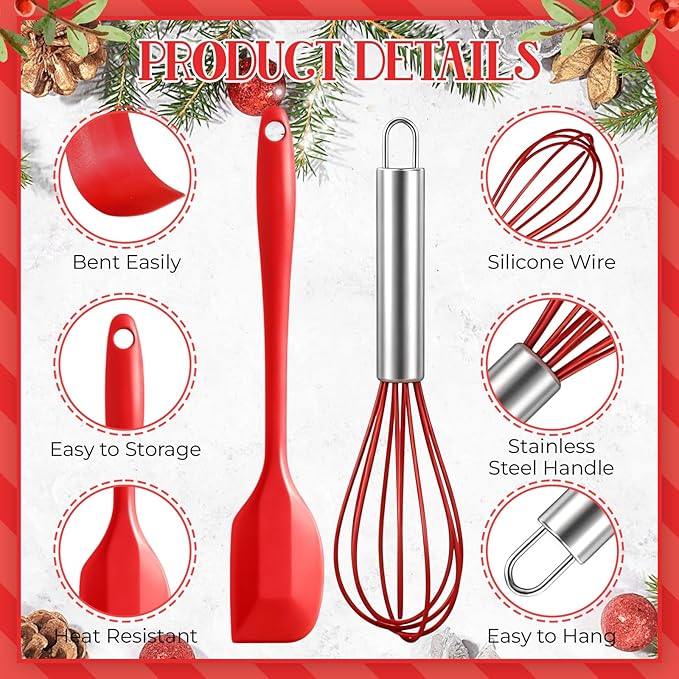 60 Pcs Christmas Baking Tool Gifts Sets Include 8 Inch Silicone Whisk Spatula and Xmas Greeting Cards Ribbon Wired Stainless Steel Whisk Set for Women Men Christmas Stuffers Gift