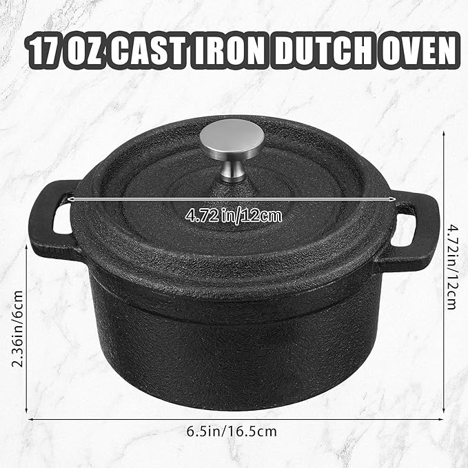 4 Pcs Mini Dutch Oven Small Round Iron Cocotte Black Dutch Oven Pot with Lid and Dual Handles Cast Iron Pot for Stovetop Use Marinate Cook Bake Refrigerate Garlic, Individual Servings(17 oz)