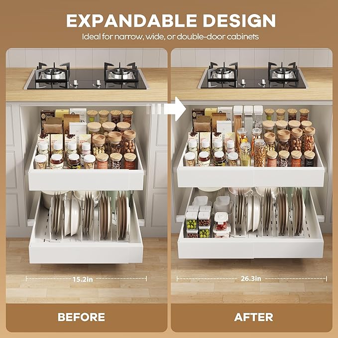 4 Pack Pull out Cabinet Organizer 21" Deep With Raising Pad for Framed Cabinets,Expandable (15.2"-26.3"W) Slide out Drawers for Kitchen Cabinets with 4pcs Divider Racks,Roll out Shelves,White