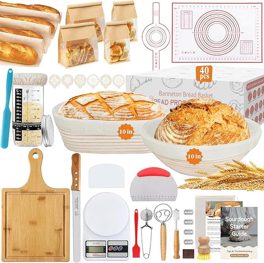 Aliggbent 40Pcs Sourdough Bread Baking Supplies, 10'' Round & Oval Banneton Bread Proofing Baskets with 24 oz Sourdough Starter Jar Kit, Digital Scale, Cutting Board, Knife, Bags & Bread Making Tools