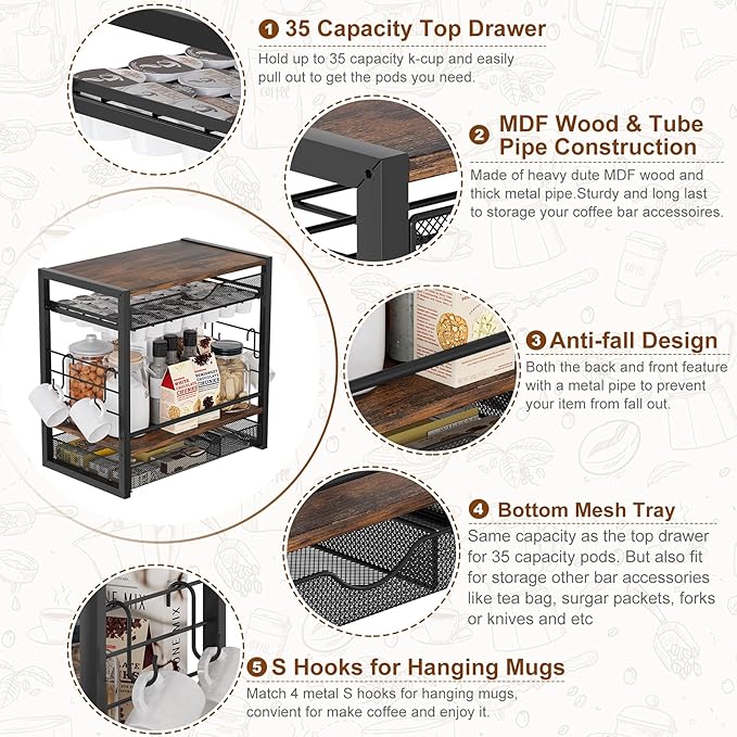 TQVAI Coffee Bar Organizer for Countertop 3-Tier 70 Capsules Coffee Station Organizer with Sliding K Cup Drawer & 4 Coffee Cup Hooks for Coffee Bar Accessories, Black