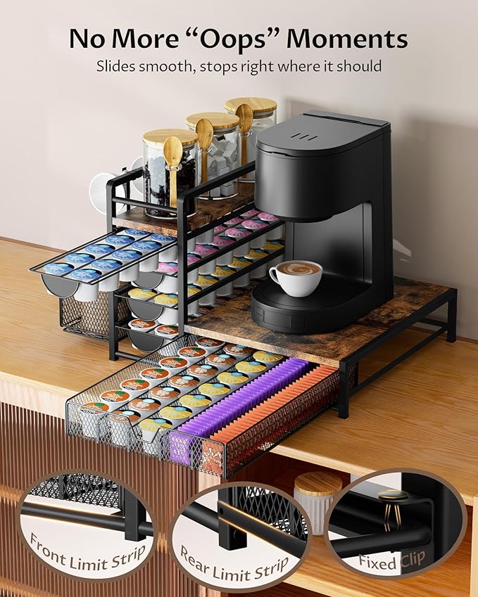 Coffee Bar Organizer - 90 K-Cup Capacity, 3 Hooks, Multi-Tier Storage for Pods, Mugs & Accessories, Tea Bags & Coffee Station Organizer, Space-Saving Kitchen Countertop K-Cup Holder