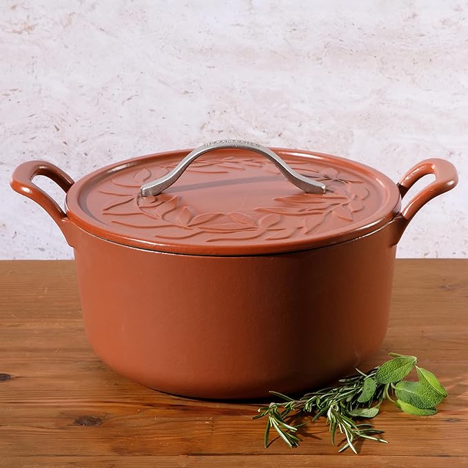 Bloomhouse 7 Qt Cast Iron Dutch Oven W/Embossed Lid, European Enamel, & Olive Wood Trivet - Matte Terracota