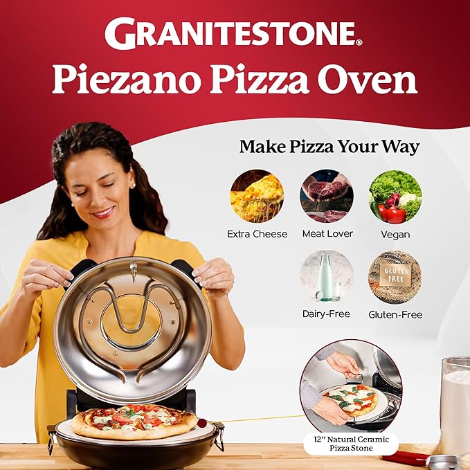 PIEZANO 12 Inch Electric Indoor Pizza Oven Heats up to 800˚F - Pizza Maker with Ceramic Stone for Crispy Crust Pizza, Cooks in Under 6 Minutes, Countertop, Dual Heat Control, Peels & Scraper Included