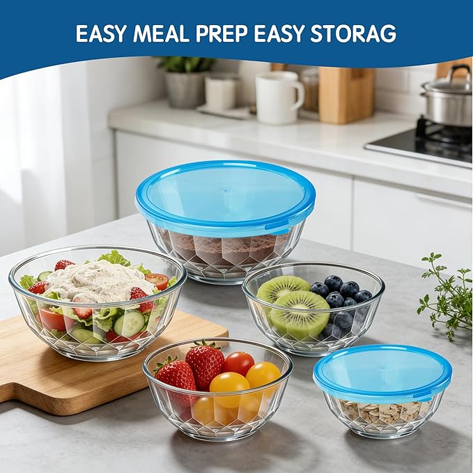 Thick Glass Mixing Bowls with Airtight Lids Set, 5-Piece Nesting Bowls for Baking & Meal Prep, BPA Free, Dishwasher Safe, 0.5/0.8/1.6/2.7/4.4 Quart - Blue