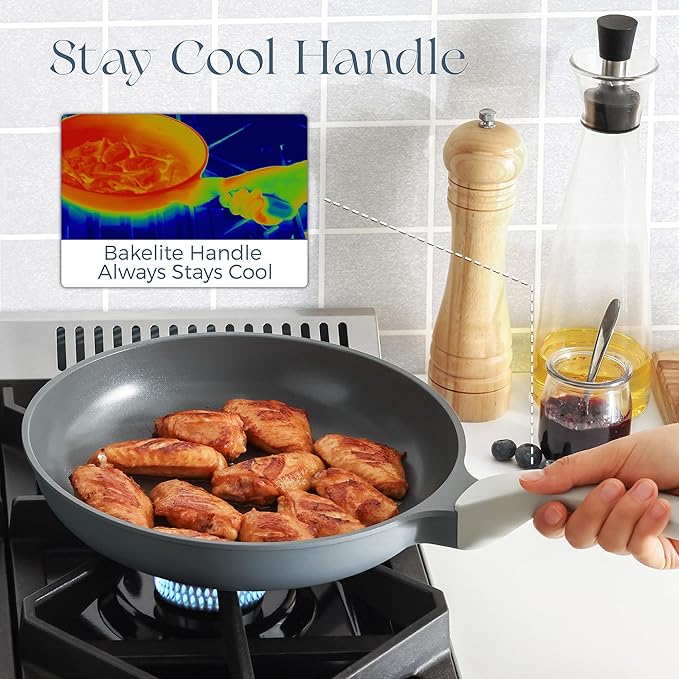 PRICUSIS Nonstick Ceramic Frying Pan Skillet, 10+12 Inch Induction Compatible with Stay Cool Handle, Healthy PTFE PFAS & PFOA Free Omelet Pan, Dishwasher Safe (Blueberry Gray)