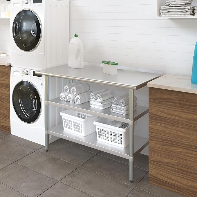 AmGood Stainless Steel Work Table with 1.5" Backsplash and 2 Shelves | NSF (48" Long x 24" Deep)