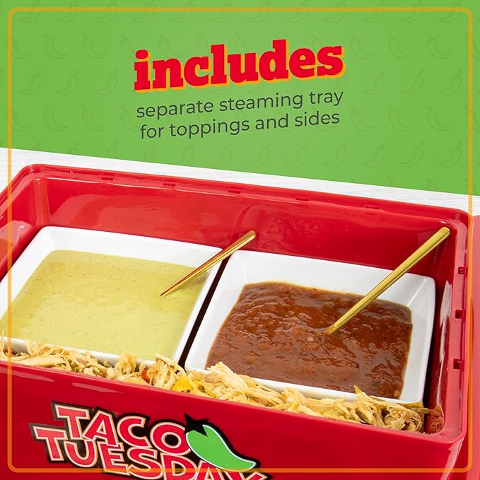 Nostalgia Taco Tuesday Tamales Steamer - Veggie, Pot Sticker, Hot Dog, Egg, & Hot Tamale 2 Tier Food Steamer – Red and Green