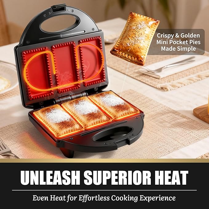 Electric Mini Pocket Pie Maker Machine with Crust Cutter, Pocket Pie Iron Press with Non Stick Surface, Ideal for Hot Chicken Pockets Pizza Pockets Grilled Cheese Sandwiches and More
