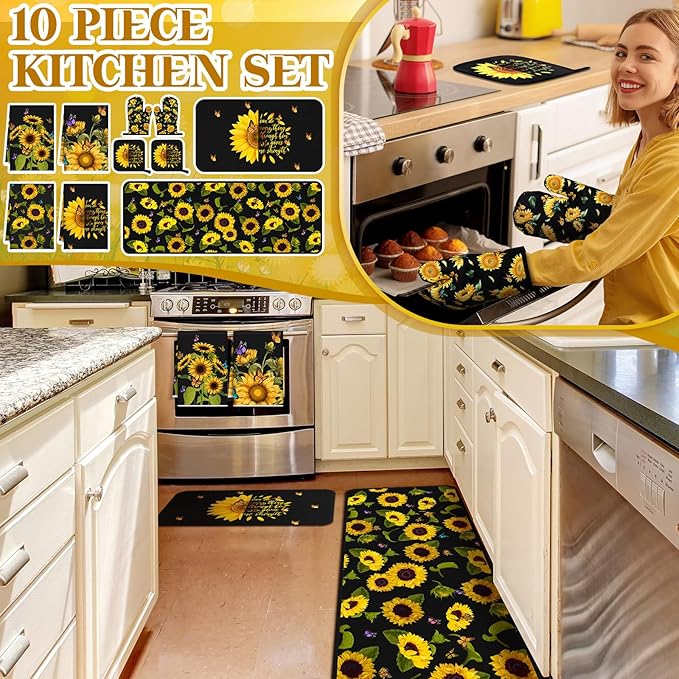 10 Pcs Sunflower Kitchen Decor Sunflower Oven Mitts and Pot Holders Set Black Dish Towels Summer Rugs Mats Farmhouse Kitchen Accessories for Chef Baking Cooking Grilling BBQ Women Home Gift