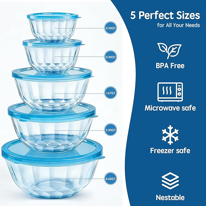 Thick Glass Mixing Bowls with Airtight Lids Set, 5-Piece Nesting Bowls for Baking & Meal Prep, BPA Free, Dishwasher Safe, 0.5/0.8/1.6/2.7/4.4 Quart - Blue