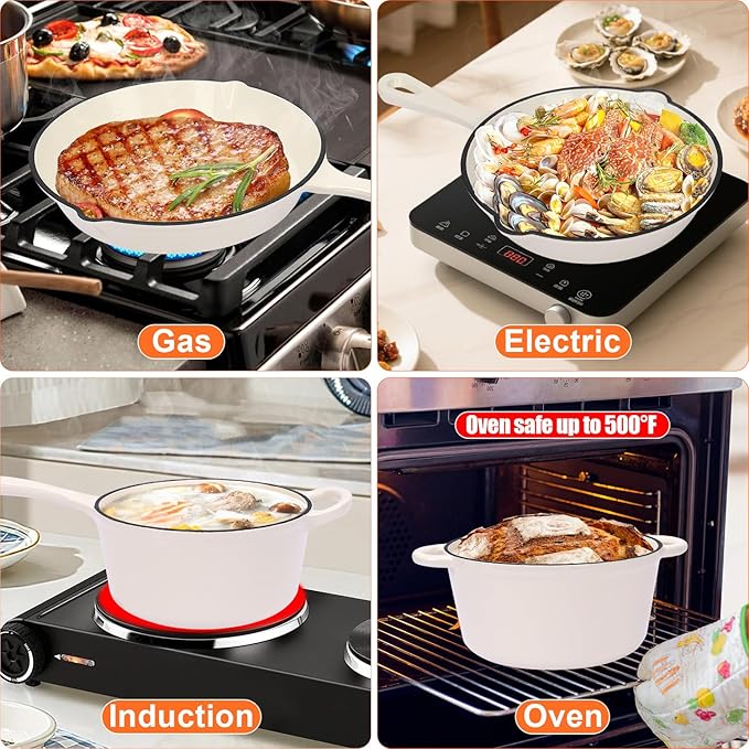 QuliMetal Nonstick Enameled Cast Iron Cookware Set, 5 Pcs Pots and Pans with Lid, Skillet, Frying Pan, Saucepan & Dutch Oven for All Stovetops, PFA Free - Ideal for Sourdough Bread Baking